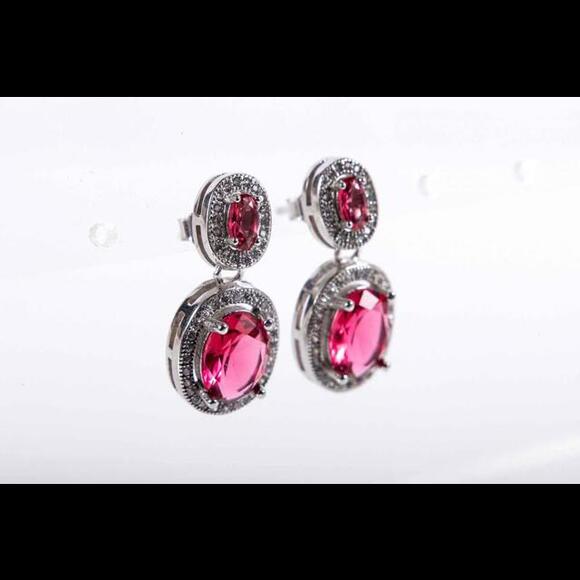 925 Sterling Silver Simulated Pink Spinel CZ Drop Earrings - Picture 2 of 7